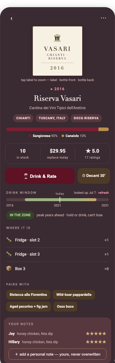 Corkboard member app — the wine card